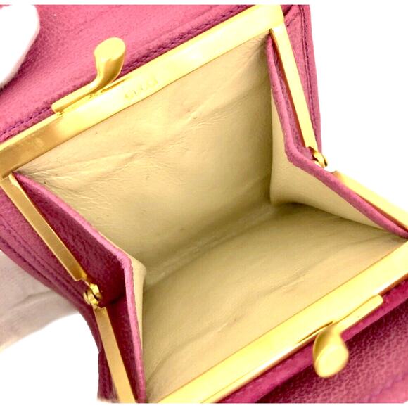 Authentic GUCCI Bamboo Two Tone Pink Kiss Lock Leather Trifold Compact Wallet - Picture 6 of 8